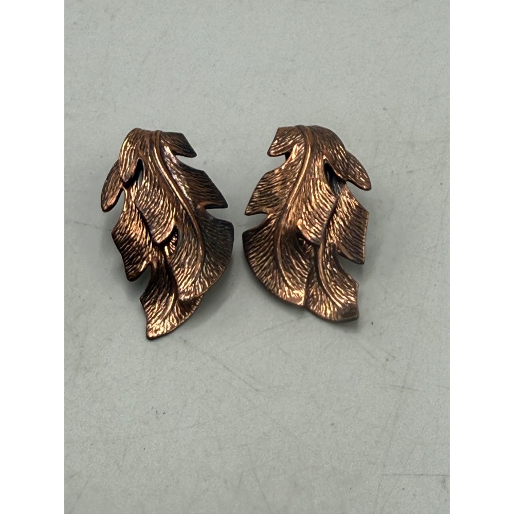 Vintage Copper Bell Leaf Clip On Earrings Textured Mid Century Modern Jewelry